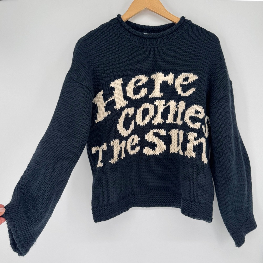 Moussy Here Comes The Sun Wool Bd Chunky Knit Sweater OS Navy Boho Indie Graphic